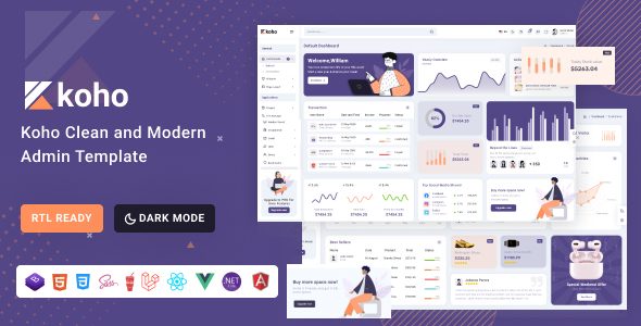 Koho - Bootstrap 5, React, Angular, Vue, Asp.Net & Laravel 10 Dashboard Template