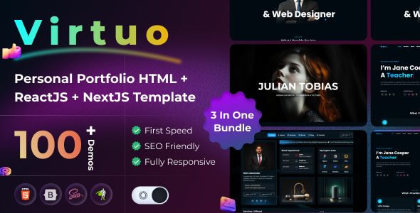 Personal Portfolio HTML + ReactJS + NextJS Template - Virtuo