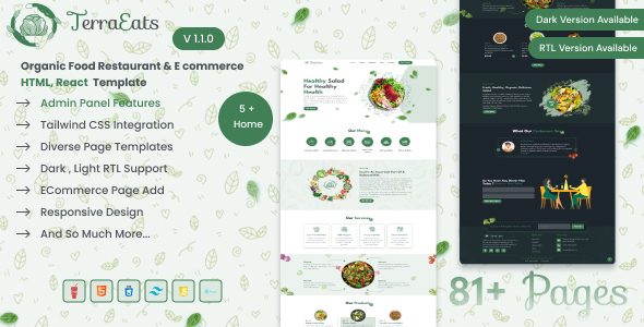 TerraEats - Organic Food Restaurant & Ecommerce HTML, React, Django Template